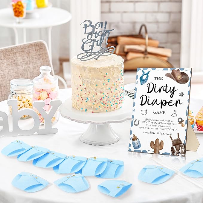Roowest 51 Pcs Dirty Diaper Baby Shower Games Funny Wooden Sign with 50 Pcs Mini Diapers Cute Felt for Gender Reveal Party Baby Shower (Blue Cowboy)