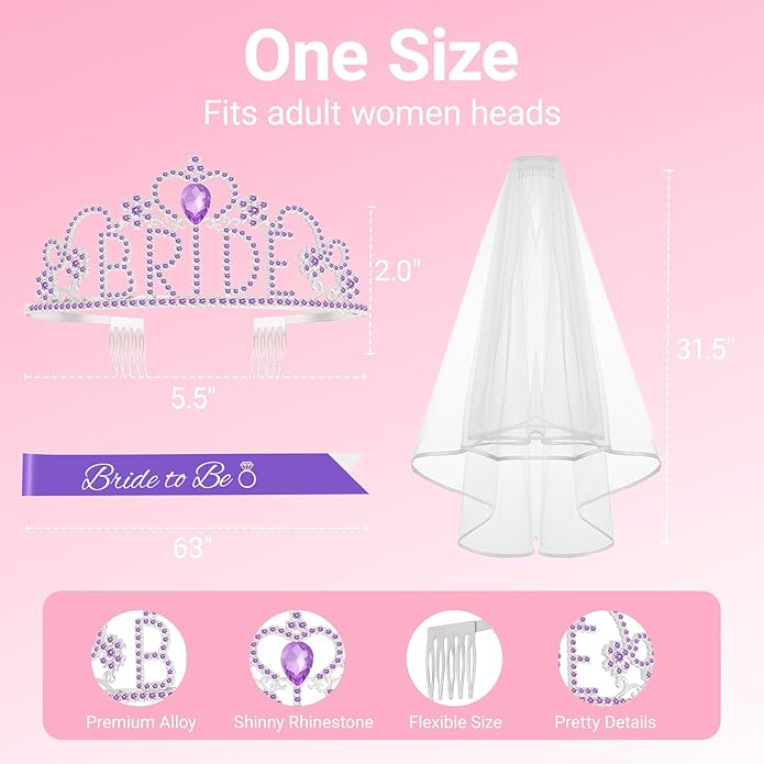 3Pcs Bride to Be Sash with Crown and Veil for Bachelorette Party Decorations，Bridal Shower Accessories for Gift, Favors