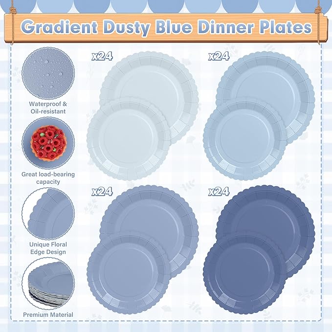 168 Pcs Dusty Blue Paper Plates and Napkins, Baby Blue Paper Plates Party Supplies for 24 Guests Include Gradient Scalloped Plates Paper Napkin Cup Knife Fork Spoon for Baby Shower, Wedding, Birthday