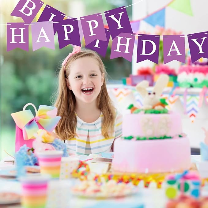Purple Happy Birthday Banner Sign Happy Birthday Bunting Banner Garland for Kids Girl Woman Birthday Tea Party Decorations Bunting Flag Birthday Party Supplies