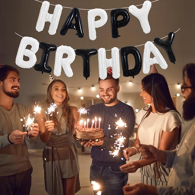 TONIFUL Happy Birthday Balloons Banner 16 Inch Mylar Foil Letters Birthday Sign Reusable for Girls Boys Kids & Adults Birthday Party Decorations Supplies（Black White）