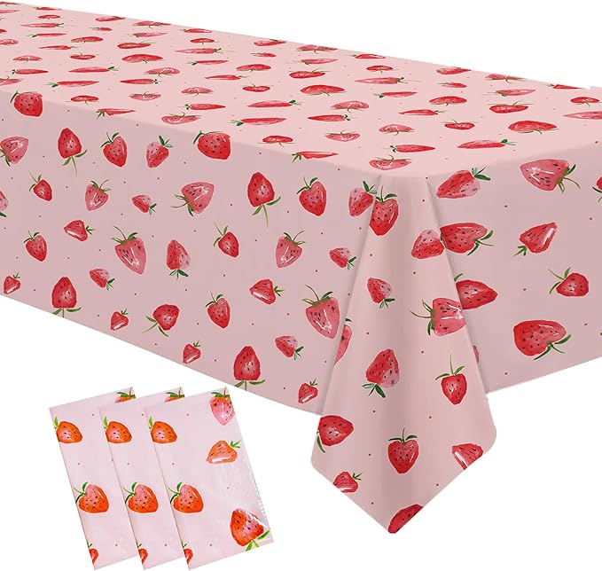 Strawberry Party Decorations Tablecloth, Disposable Strawberry Birthday Party Supplies Tablecover, Berry Sweet Birthday Baby Shower Decorations Table Cloth, 3 Pcs, 54in x 108in