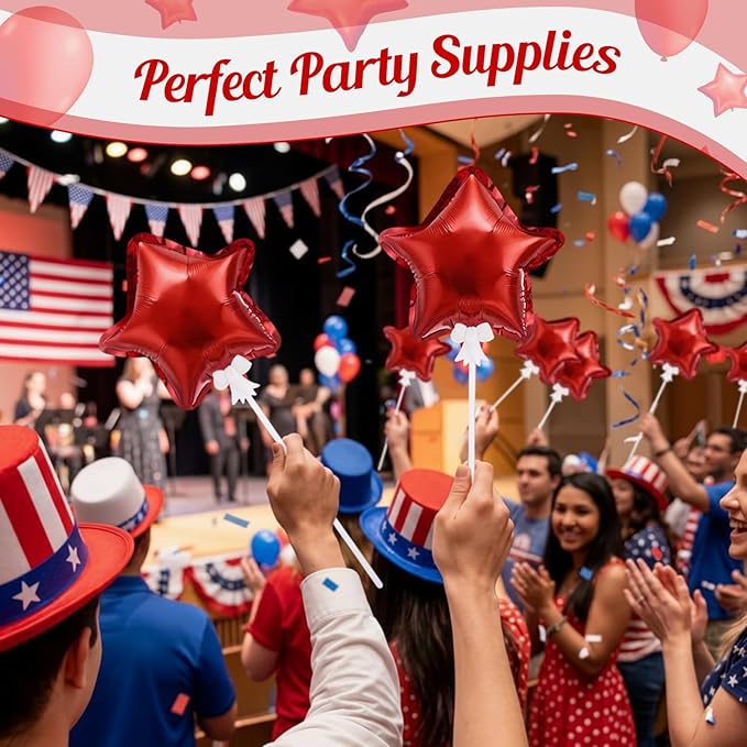 30 Pcs Star Self Inflatable Balloons with Bow Stems Star Foil Balloons Mini Pentagram Decoration for Patriotic Independence Day Graduation Birthday Baby Shower Anniversary(Red,6 Inches)