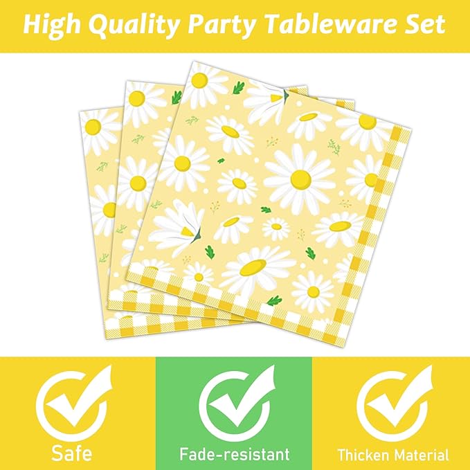 Wiooffen 96 Pcs Daisy Flower Party Supplies for 24 Guests Daisy Party Tableware Set Yellow Daisy Flower Birthday Party Pack Paper Plate Napkin Fork for Birthday Party Wedding Bridal Baby Shower