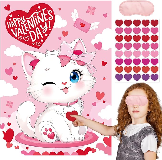 Valentine Games - Pin The Heart Game with Large Poster, 48 Reusable Heart Stickers, 2 Eye Masks & Adhesive Dots - Valentine's Day Party Supplies