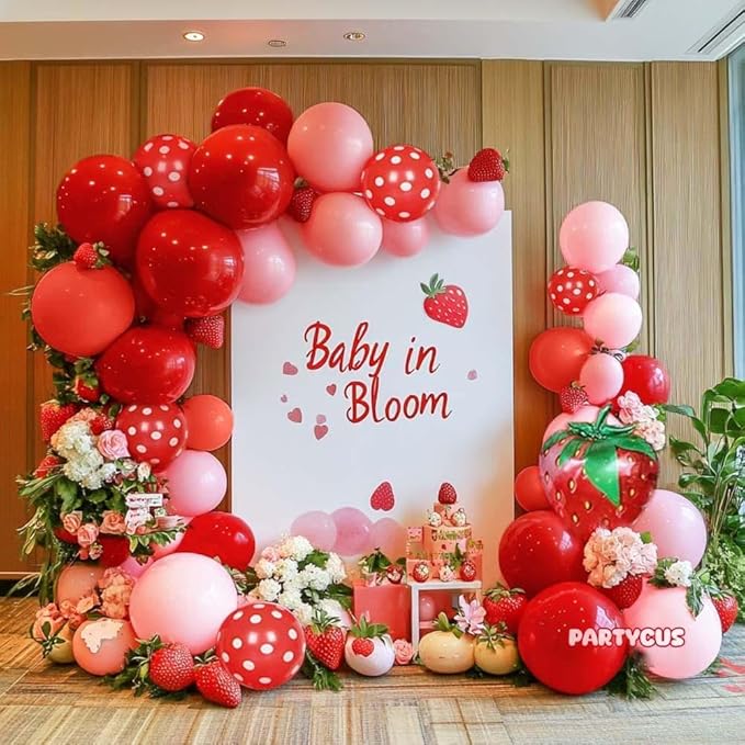 Strawberry Balloon Arch Kit Double Stuffed, Pastel Red Baby Pink Coral Balloon Garland with 18in Strawberry Foil for Berry First Birthday Baby Shower Sweet Valentines Day Party