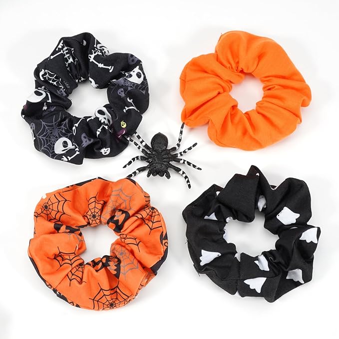 Halloween Hair Scrunchies Spooky Orange Pumpkin Scrunchies Skull Ghosts Bat Spider Web Skeleton Hair Ties for Women Girls Elastics Hair Tie Halloween Gifts Hair Accessories