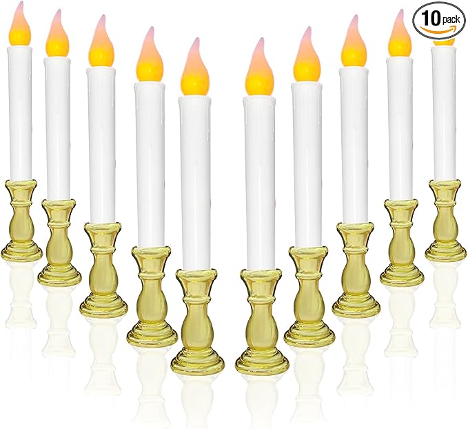 10 Pcs Battery Operated LED Window Candles with Timer, 10'' Flameless Flickering Christmas Window Candles with Suction Cups, Gold Base Taper Candlesticks Lights for Christmas Window Table Decorations