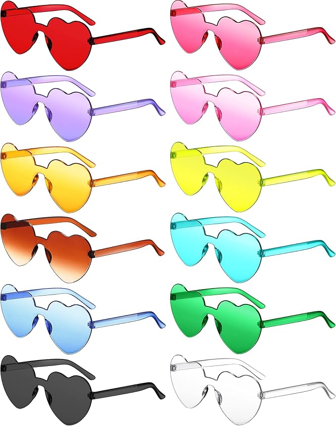 Photect 12 Pair Heart Shaped Sunglasses Neon Color Transparent Heart Glasses for Women Party Favor