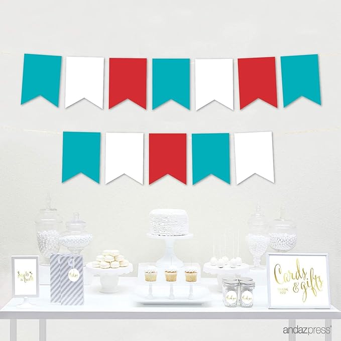Andaz Press Hanging Pennant Banner with String, Red, White, Turquoise Aqua, 1-Set, 24 Pennants, Approx. 12-Feet Long, Birthday Theme Colored Supplies