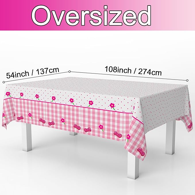 Pink Bow Flower Tablecloth 2 Packs, Pink White Gingham Cute Plastic Tablecloths Disposable Birthday Party Decoration, 54" x 108" Waterproof Tablecloth for Girls Birthday Princess Party Supplies