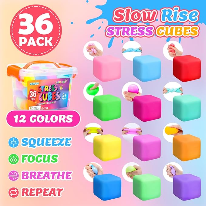 36 Pack Slow Rising Stress Cube, Dough Stress Balls Squishy Fidget Toys Bulk for Anxiety Relief, Soft Fidget Cube, Pull Stretch Squishy Toys for Classroom Prize, Party Favors for Kids Adults