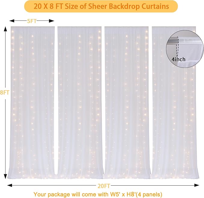 20 FT x 8 FT White Backdrop Curtain - Tulle Backdrop Curtain with 9.8FT Lights String - Sheer Backdrop Curtains with 4 Inch Rod Pockets for Birthday Weddings Baby Shower Celebration Party Decorations