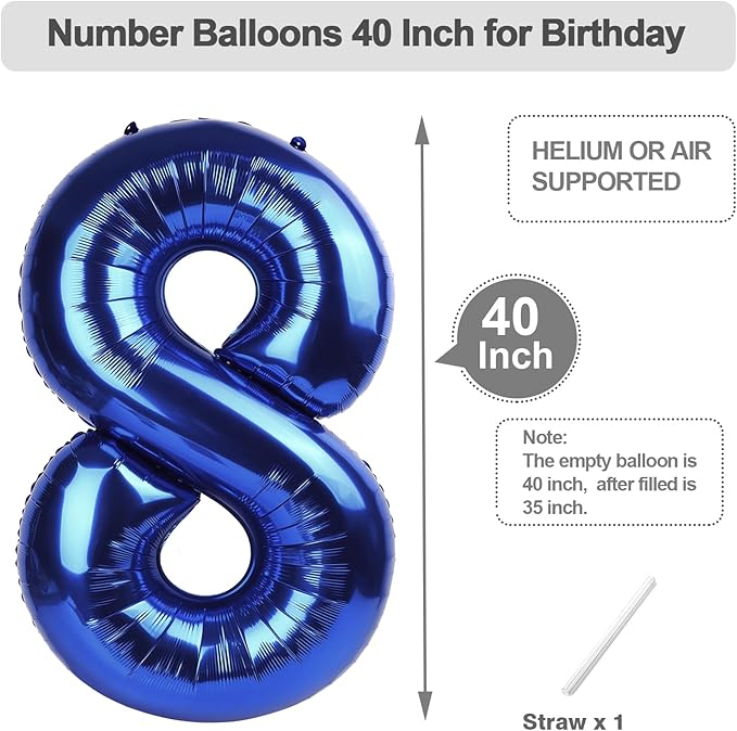 Balloon 8 Number, 40 Inch Navy Blue Fiol Large Ballon for Women And Men, Balloons Decoration for Happy 8 18 28 80 Birthday, Wedding Anniversary, New Year, Halloween Party Decoration