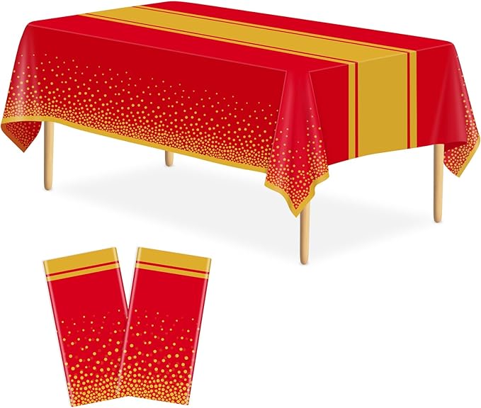 2 Pack Red and Gold Tablecloth Party Decorations Plastic Red Tablecloth Printed Gold Table Runner 54 x108 Inch Disposable Rectangle Table Cover for Birthday Wedding Graduation Anniversary