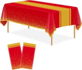 2 Pack Red and Gold Tablecloth Party Decorations Plastic Red Tablecloth Printed Gold Table Runner 54 x108 Inch Disposable Rectangle Table Cover for Birthday Wedding Graduation Anniversary