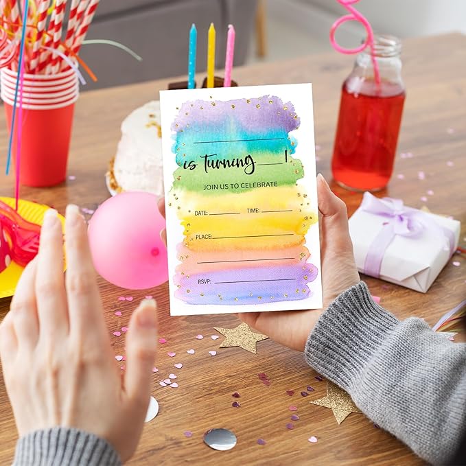 Colorful Birthday Party Invitation Cards for Women Men Kids, Watercolor Rainbow Glitter Birthday Celebration Party Invite Cards Supplies, 20 Double-Sided Fill In Invites With Envelopes -10