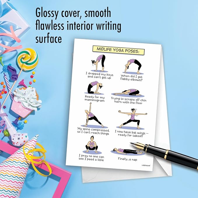 NobleWorks - 1 Funny Women's Birthday Card with Envelope - Cartoon Humor, Stationery Bday Celebration Card for Wife, Women - Midlife Yoga Poses C7312BDG