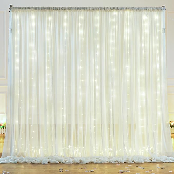 10x10ft Ivory White Chiffon Backdrop Curtain with Lights String for Wedding Sheer Tulle Curtain Photo Backdrops Drapes for Baby Shower Birthday Party Home Ceremony Decorations