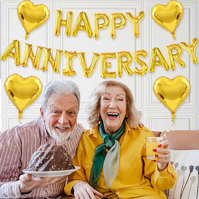 2 Set 16Inch Happy Anniversary Balloons Letters Banner, Happy Anniversary Decorations, Happy Anniversary Balloons Sign for Valentines Day/Wedding Anniversary Party Decorations (Gold Happy Anniversary)