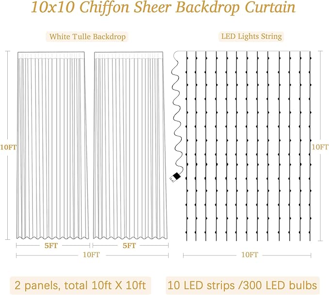 10x10ft White Chiffon Backdrop Curtain with Lights String for Wedding Sheer Tulle Curtain Photo Backdrops Drapes for Baby Shower Birthday Party Home Ceremony Decorations