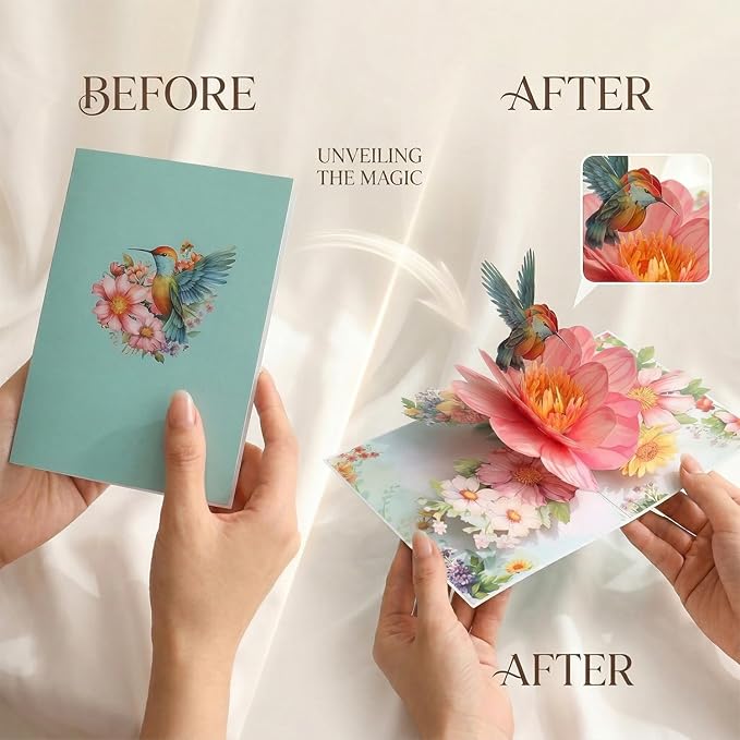 3D Hummingbird and Flower Pop Up Card, 3D Flower Greeting Pop-Up Card for Birthday, Anniversary, Thank You, Mother’s Day, Thinking of You, Nature Lovers Gift for Women and Mom