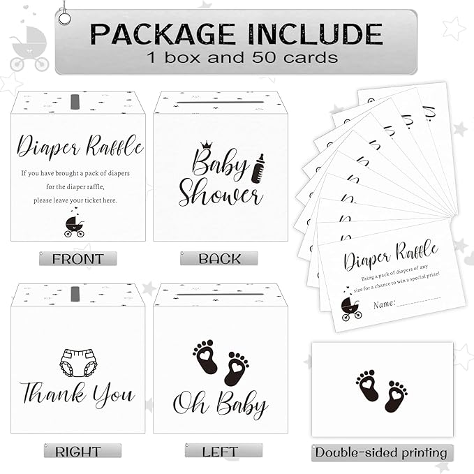 Funrous 51 Diaper Raffle Tickets with Box for Baby Shower Game Invitations Diaper Raffle Card for Gender Reveal Baby Shower Party Decoration Table Centerpiece(White Color)