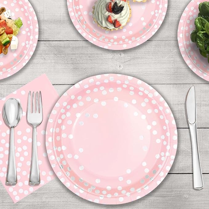 350PCS Pink Plates and Napkins Party Supplies,Pink Party Plates with Silver Polka Dot Serve 50 Guests,Bridal Shower Plates with Silver Plastic Cutlery for Engagement Wedding Decorations