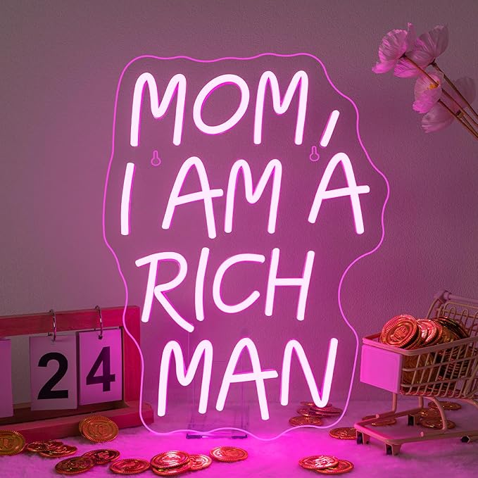 Lucunstar Mom I Am A Rich Man Neon Sign Pink Neon Signs for Wall Decor Pink LED Light for Bedroom Decor USB Connectivity Led Neon Signs for Home Boys Room Man Cave Gifts for Teens