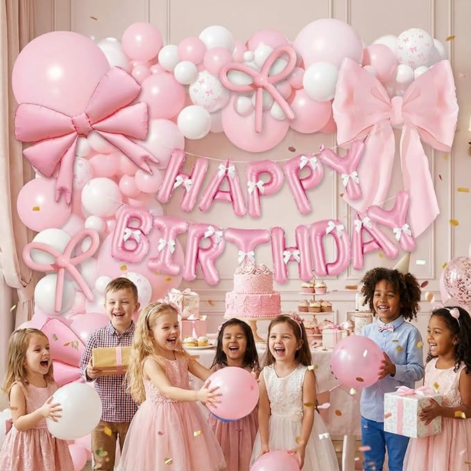 102 PCS Pink Birthday Balloon Decorations Kit, Happy Birthday Banner with Foil Letters, Bow Balloons, Latex Balloons, Ribbon & Glue Dots for Girls Birthday Party Decorations, Baby Shower, Anniversary