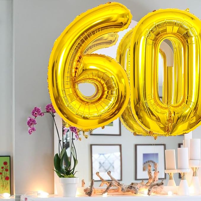 SINBEE Gold 40inch Number Balloon for Party, 60 Mylar Foil Digital Balloon for Birthday, Anniversary, Decorations Supplies (Gold 60, 1.0 Count, 40 inches, Reusable, Unisex)