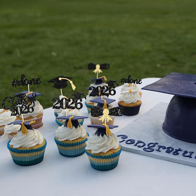 Gyufise 30Pcs 2026 Graduation Cupcake Toppers Gold Glitter Class of 2026 Cake Toppers Graduation Done Cupcake Picks Grad Cap Diploma Cake Decorations for 2026 Graduation Theme Party Cake Decorations
