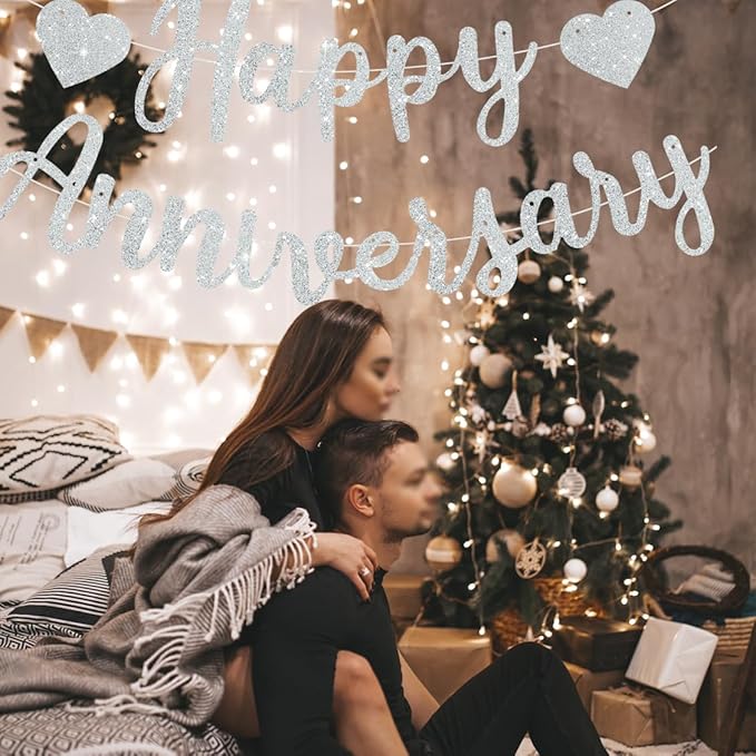 BEISHIDA Silver Happy Anniversary Banner, Pre-Strung - Glitter Happy Anniversary Banner，NO DIY - Silver Glitter Garland Sign for Wedding Party Decorations & Decor