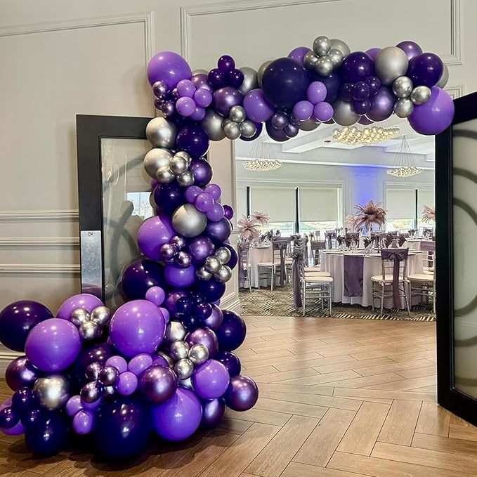 Purple and Black Balloon Arch Kit, 140Pcs Black Purple Metallic Silver and Confetti Balloon Garland kit, 22 18 12 10 5 Inch Different Size Balloons for Halloween Birthday Party Decorations