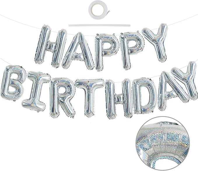 TONIFUL Laser Silver Happy Birthday Balloon Banner 16 Inch Mylar Foil Letters Birthday Sign Bunting Reusable for Girls Boys Kids & Adults Birthday Decorations and Party Supplies