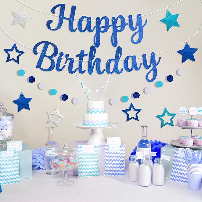 Pre-Strung Happy Birthday Banner, NO DIY Birthday Decorations with Circle Dot Garland，Happy Birthday Party Decorations for Women Men Girls Boys (Blue)
