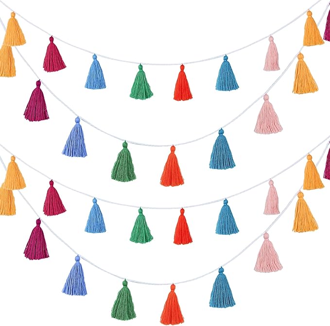 4 Pcs Rainbow Tassel Garland Party Decor, Colorful Boho Wall Hanging Banner for Birthday Birthday Wedding Baby Shower Party, Classroom, Bedroom, Nursery Home Decor(Multicolor,3.15 Inch)