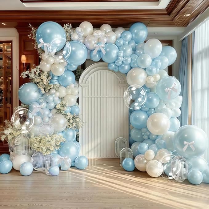 Blue White Balloon Garland Double Stuffed Light Baby Blue Balloons White Bow Bobo Pearl Balloon Arch Kit for Wedding Birthday Baby Shower Winter Princess Party Decorations