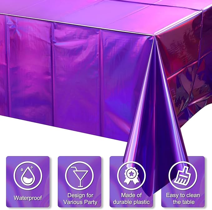 FunnyPars 8 Pack Iridescent Purple Plastic Tablecloths, Shiny Disposable Laser Rectangle Table Covers, Foil Tablecloth Iridescent Party Decorations for Kpop Birthday Bridal Wedding Decor, 54x108 Inch