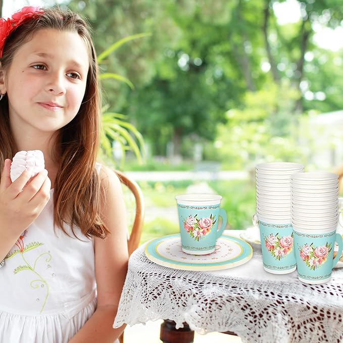 Whaline Tea Party Tableware Supplies Serves 24 Floral Tea Party Disposable Paper Dinnerware 24 9" Plates 24 7" Saucer Plate 24 9oz Tea Cups with Handle 48 Luncheon Napkins for Birthday Bridal Shower