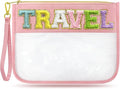 Chenille Letter Clear Zipper Pouch Nylon Makeup Bag, Preppy Makeup Bag Clear Cosmetic Toiletry Bag, Water-proof Makeup Travel Pouch Snack Bags for Women (Pink)