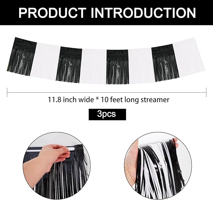 BEISHIDA 3 Packs Metallic Foil Fringe Garland Black White Wall Hanging Tinsel Fringe Banners for Car Floats Bridal Shower Wedding Birthday Graduation Holiday Party Decoration(30 Feet)