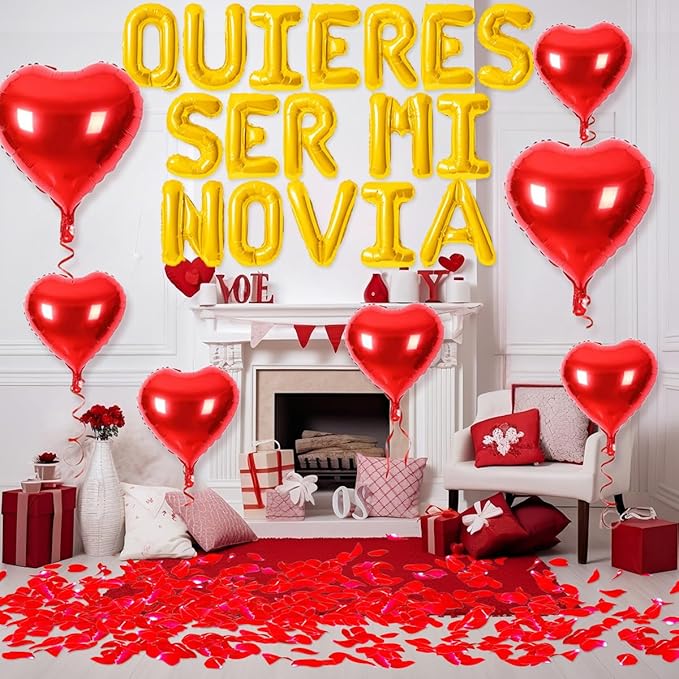 2 Set 16 Inch QUIERES SER MI NOVIA Balloons, Gold Will You Be My Girlfriend Letter Balloons Spanish with 200pcs Artificial Rose Petals for Valentines Anniversary Day Banner Decorations