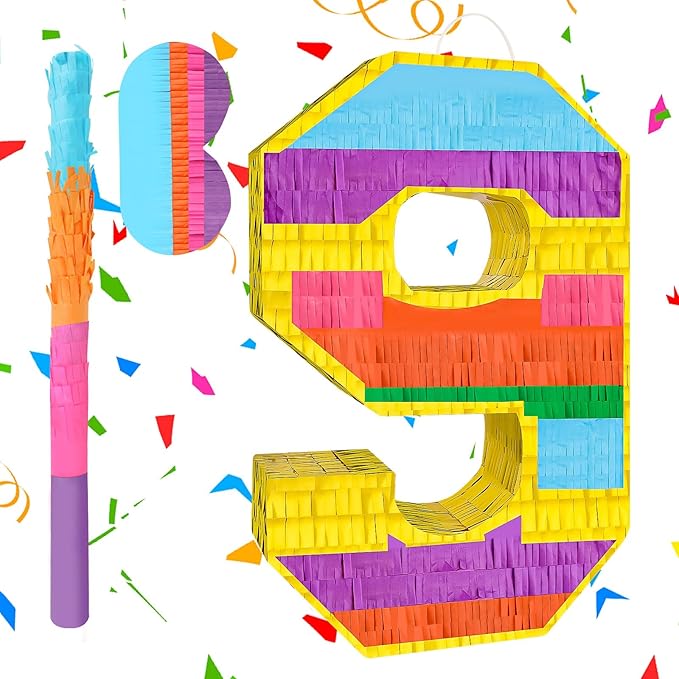 Rainbow Number 9 Pinata Birthday Decorations for Kids, Rainbow Pinata with Bat Stick Blindfold for Boys Girls 9th Birthday Celebrations Baby Shower Party Supplies (16.14x10.6x2.95 Inches)