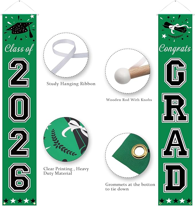 DAZONGE Green Graduation Decorations 2026 - Class of 2026 Porch Banner for Party Supplies - 2026 Graduation Party Decorations for Any Schools or Grades
