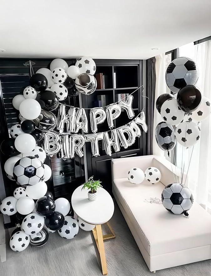 Soccer Balloon Garland Arch Kit - Black and White Football Print Balloons Arch Kit with Foil Football Exploding Star Balloon for Sports Fan, Birthday Party, Baby Shower, Soccer Theme Party Decor
