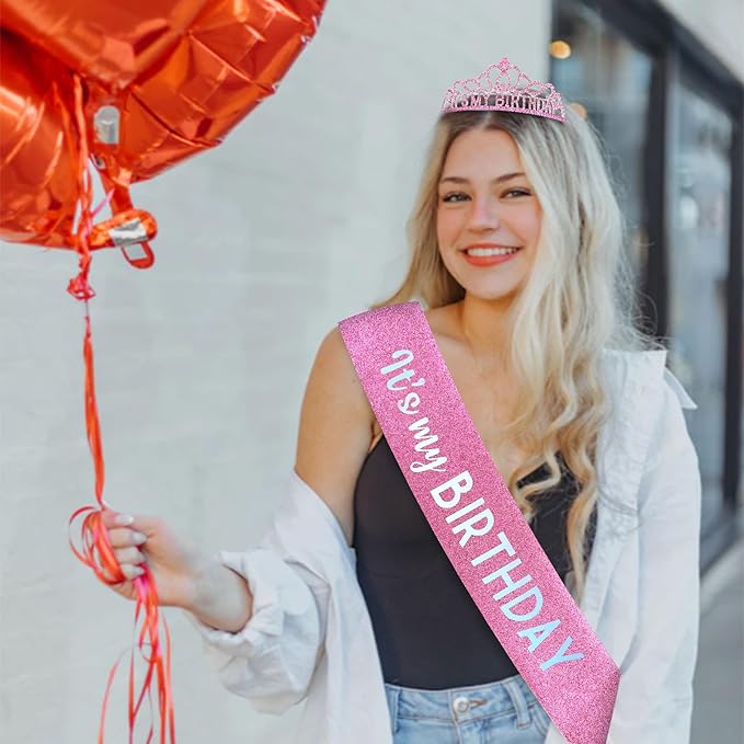 CAVETEE Birthday Crowns for Women - Its My Birthday Sash and Crown Set for Adult Women - Party Decorations and Gifts (Pink)