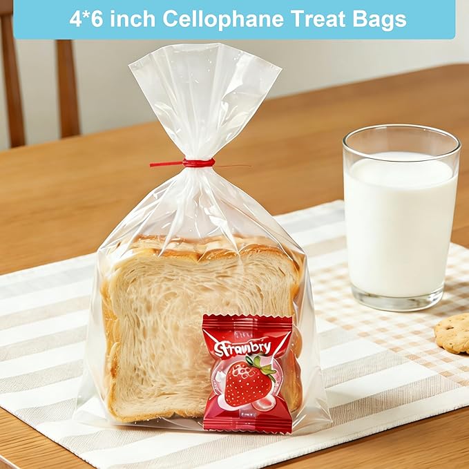 Aegero Cello Cellophane Treat Bags, 200 Pcs 5x7 Inches Clear Cellophane Bags with 200 Twist Ties for Gift Wrapping,Packaging Candies,Dessert,Bakery,Party Favors