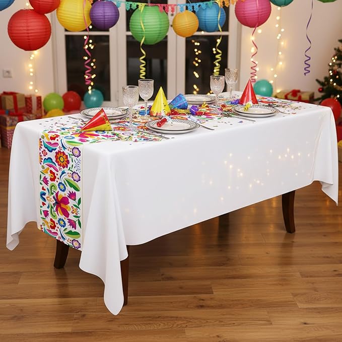 Oudain Fiesta Tablecloth 108 x 54 Inch Plastic Tablecover Mexican Waterproof Tablecloth Disposable Table Cover for Taco Night Festive Mexican Fiesta Wedding Party Decoration (White 2,6 Pcs)
