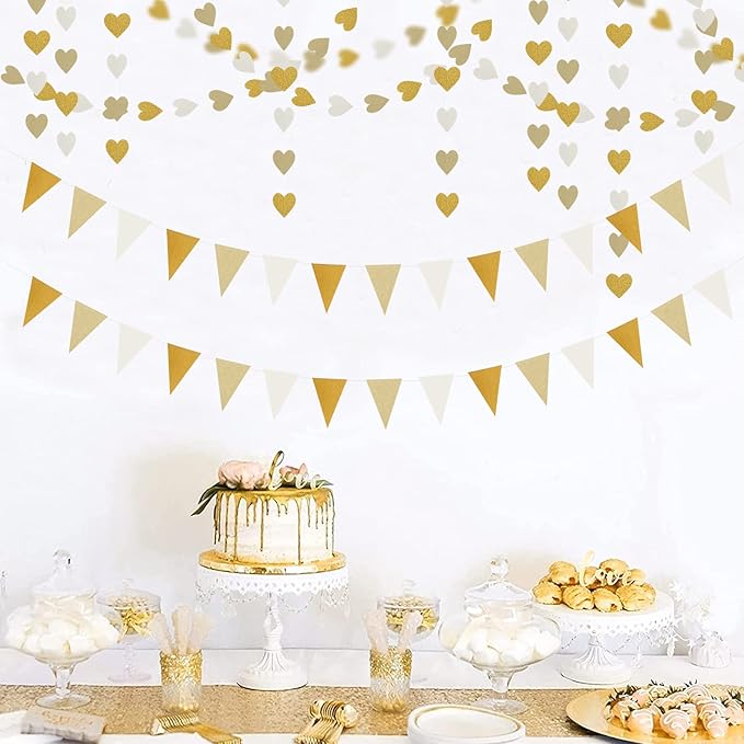 White-Gold Champagne Party-Decorations Banner,2 Pack Christmas Wedding Engagement Hanging Paper Triangle Pennant Flags Streamers,Bachelorette Neutral Baby Bridal Shower Supplies Decor Lasting Surprise